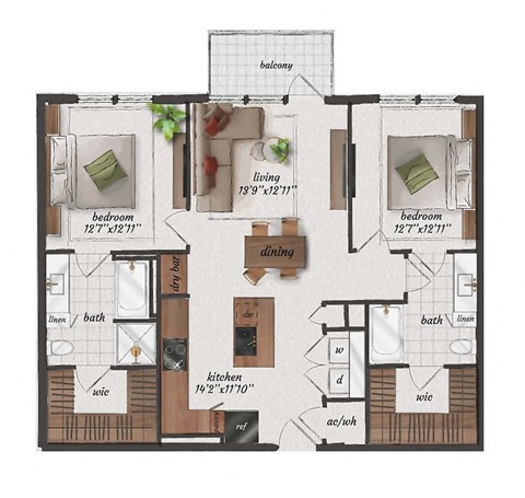 2 Bedroom, 2 Bathroom, 1140 Square Feet - B5 Floorplan at St. Elmo Apartments in Austin, TX